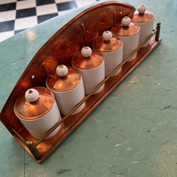 Vintage copper ceramic spice jar set wall mount shelf with rack mcm mid century - Picture 2 of 15
